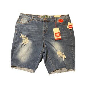 Hot Kiss Bermuda Denim Shorts High Rise Raw Hem Distressed Size 20 NWT